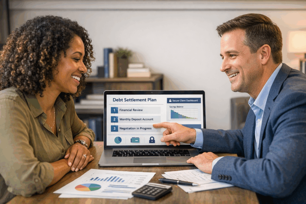 Man and woman reviewing debt settlement program