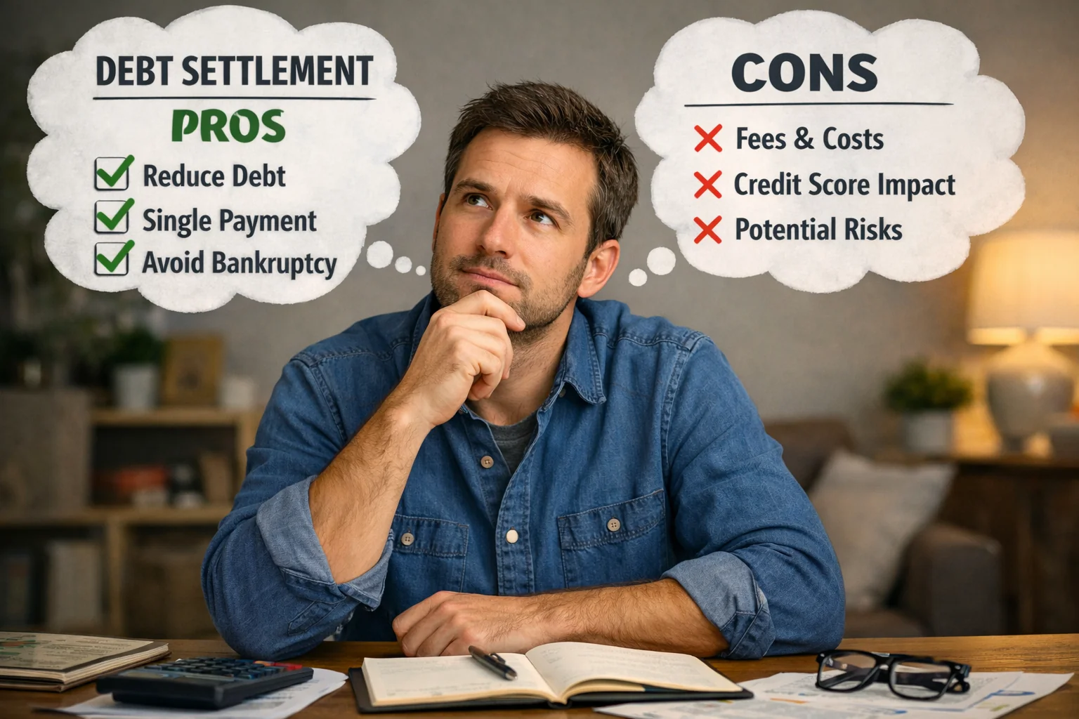 man thinking about debt settlement pros and cons. Pros are in a bubble on the left and cons on the right