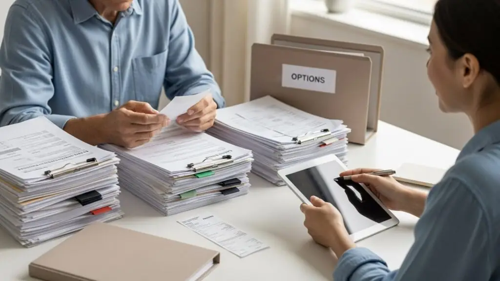 woman talking to man about debt settlement options. papers stacked on table