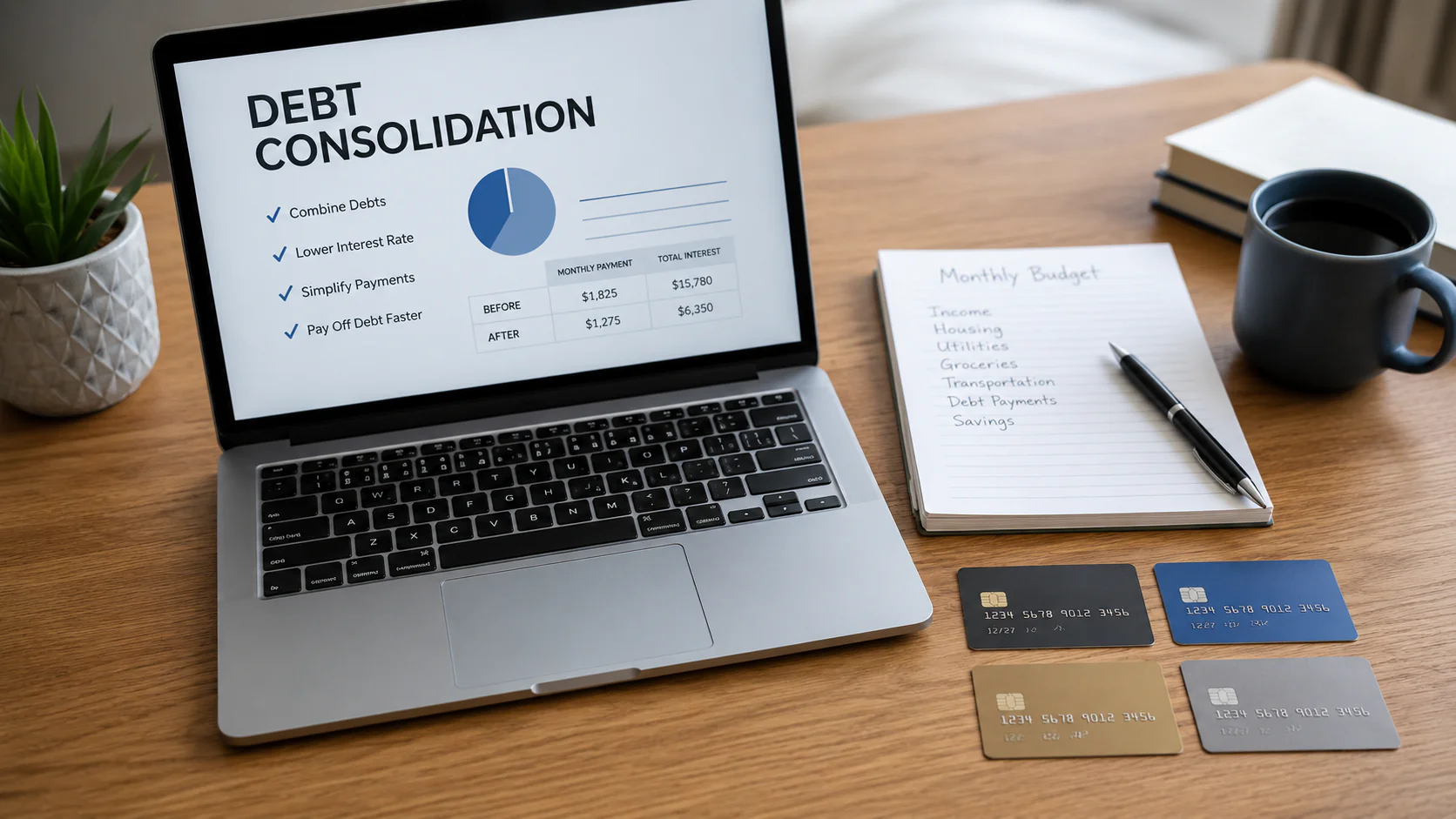 debt consolidation on laptop next to four credit cards and notepad
